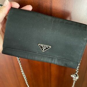 PRADA Tessuto Nylon Saffiano Flap Wallet Black w/ unbranded chain Authentic